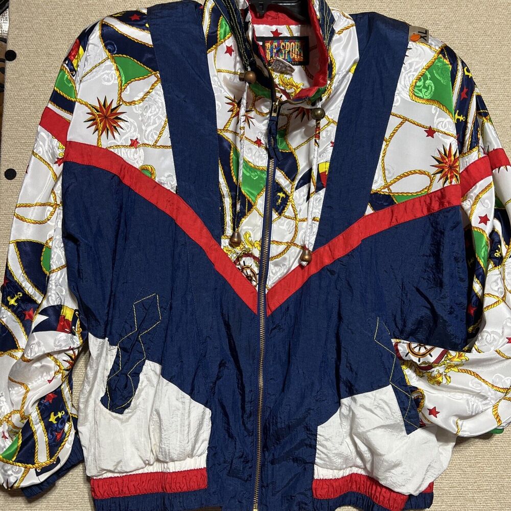 Vintage 90s Windbreaker Retro Stars Anchors Nautical Baroque Scarf Print SZ XL